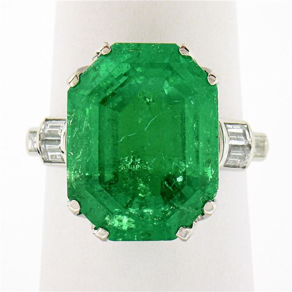 Vintage Platinum 12.16 ctw AGL Emerald Cut Colombian Emerald Diamond Cocktail Ri