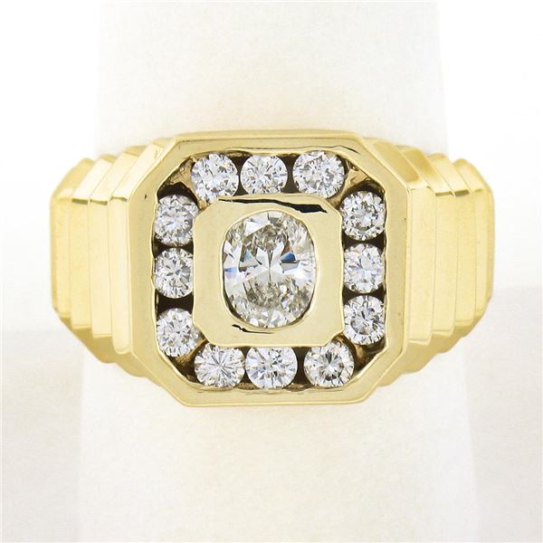 Mens 14k Yellow Gold 1.13 ctw Bezel Oval & Square Halo Diamond Ribbed Shank Ring