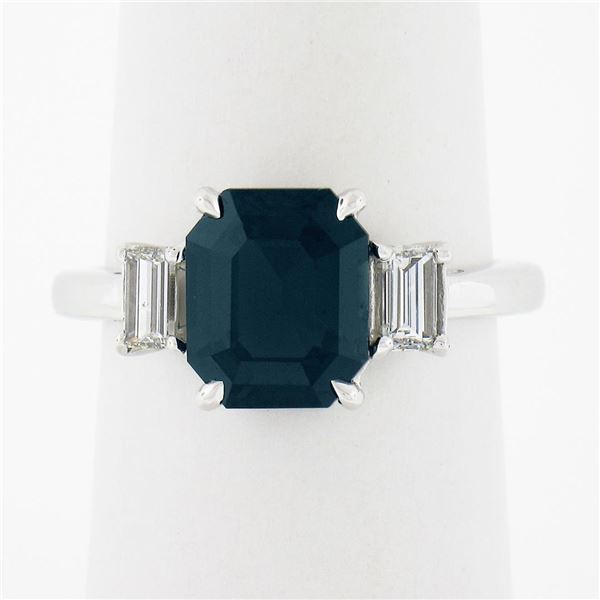 Platinum GIA Octagonal Greenish Blue NO HEAT Sapphire & Diamond 3 Stone Ring
