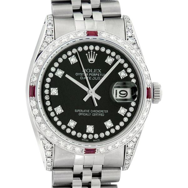 Rolex Mens Stainless Steel Black String Diamond Lugs And Ruby Datejust 36MM