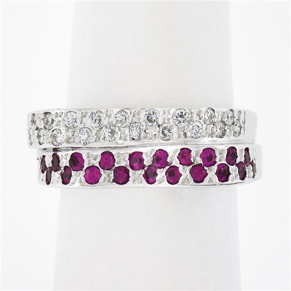 NEW 14K Gold 0.85 ctw Pave Pink Sapphire & Diamond Dual Stack Look Wavy Band Rin