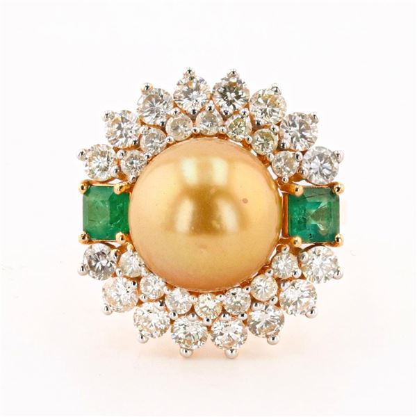 11mm GOLDEN South Sea Pearl, 0.62 ctw Emerald and 1.83 ctw Diamond 18K Yellow Go