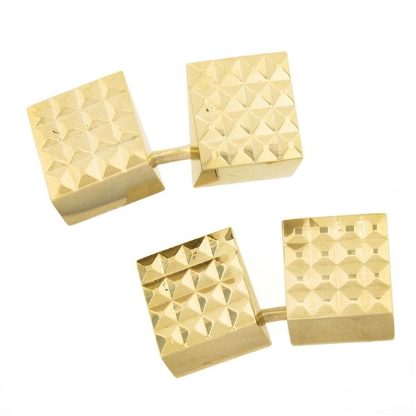 Vintage Solid 14k Yellow Gold Polished Finish Pyramid Textured Square Cuff Links