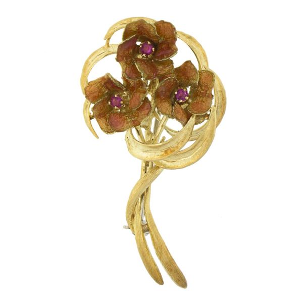 Vintage Italian 18k Gold 0.10 ctw Ruby Textured Floral Brooch Pin w/ Enamel Work