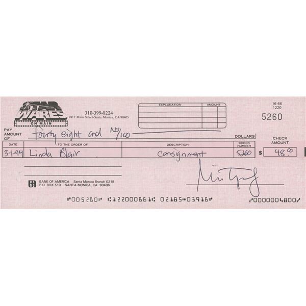 Linda Blair signed check