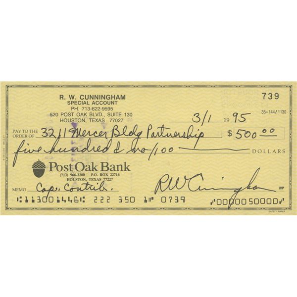 Apollo 7 Astronaut Walter Cunningham signed check