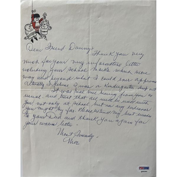 Three Stooges Moe Howard handwritten signed letter. JSA authenticated