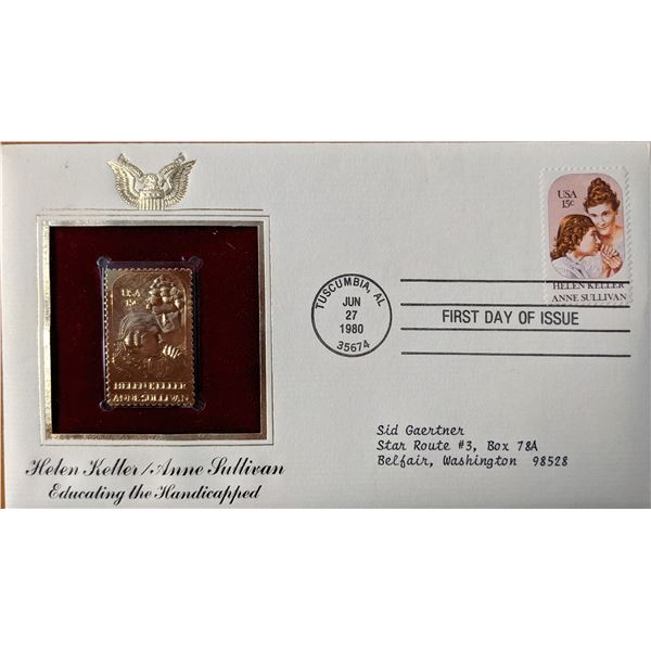 Helen Keller, Anne Sullivan Educating The Handicapped Gold Stamp Replica First Day Cover