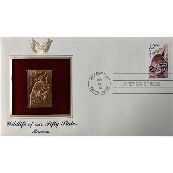 Wildlife of Our Fifty States Raccoon Gold Stamp Replica First Day Cover
