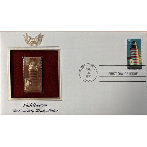 Lighthouses West Quoddy Head, Maine Gold Stamp Replica First Day Cover