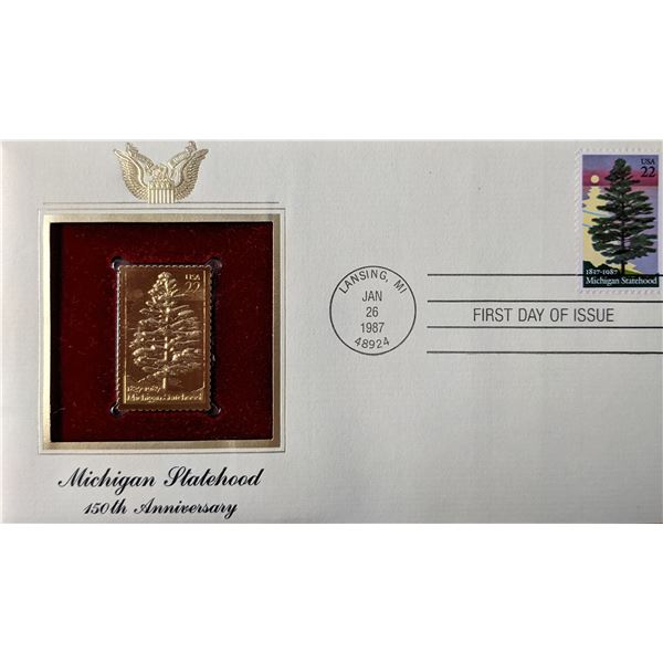 Michigan Statehood 150th Anniversary Gold Stamp Replica First Day Cover