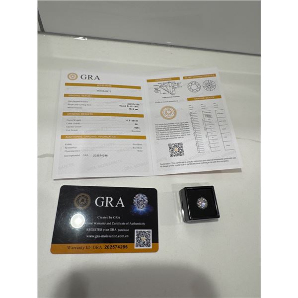 4 CT Moissanite lab diamond round brilliant cut GH dash VVS 1, GRA report, test positive with diamon