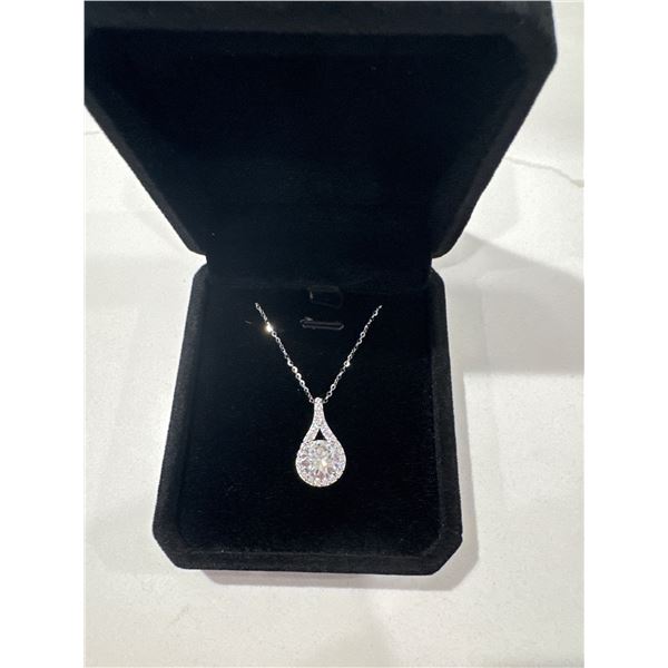 Sterling silver 3CT simulated diamond round brilliant cut pear halo necklace adjustable chain 16" to