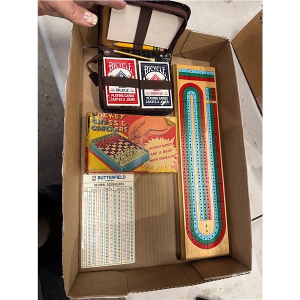 Crib board pocket, chests, and checkers cards and decimal equivalent