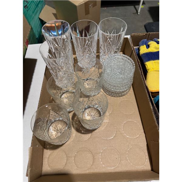 Crystal glasses and coasters