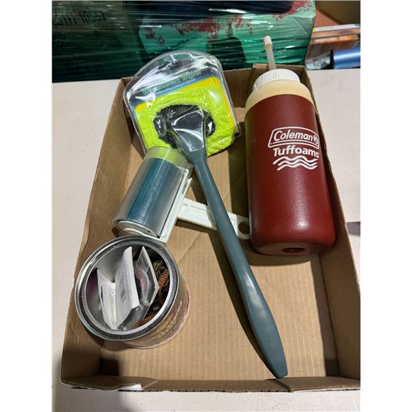 Cleaning brush, lint roller Coleman drink cup, and other items