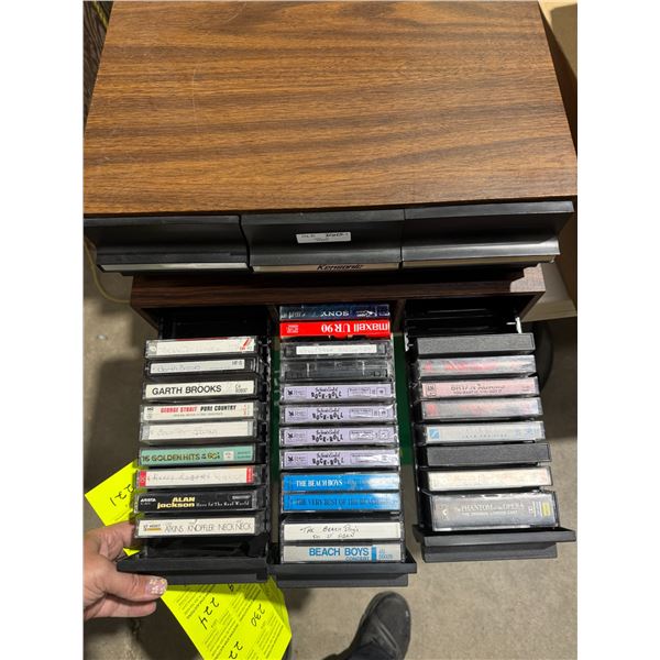 Cassette holders with cassettes, Garth Brooks, Alan Jackson, Bryan Adams, Beach boys, Stray Cats, Ro