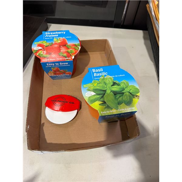 Grow kit for basil, strawberries, and pizza cutter