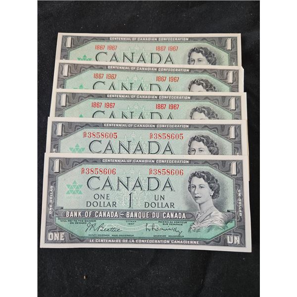 5- $1 Canadian Centennial bills