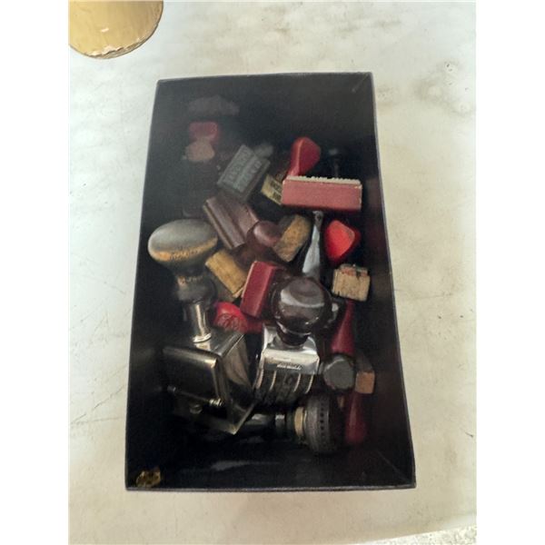 Box of vintage postal, wood handle rubber and numbering stamps