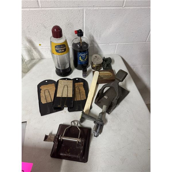 Box of vintage office and desk supplies