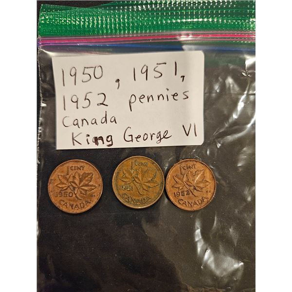 1950, 1951, 1952 Canada Pennies- King George VI