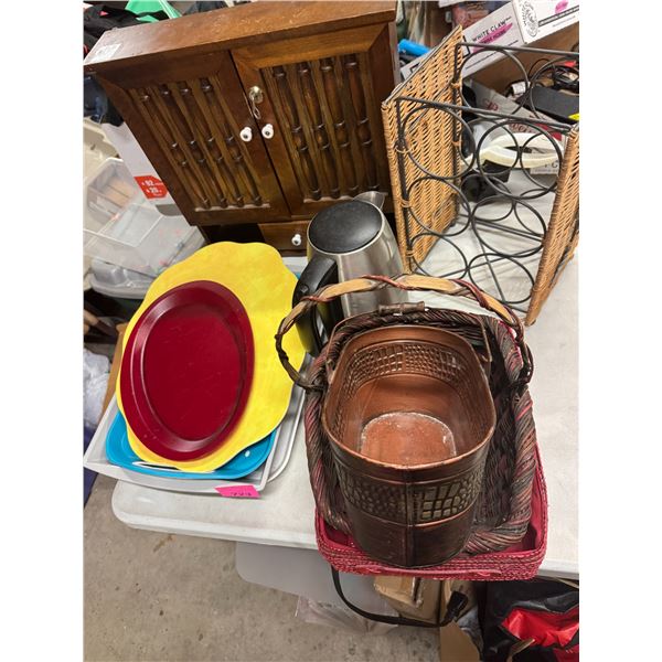 Assorted kitchen trays, Kettle, etc. Baskets of wine rack