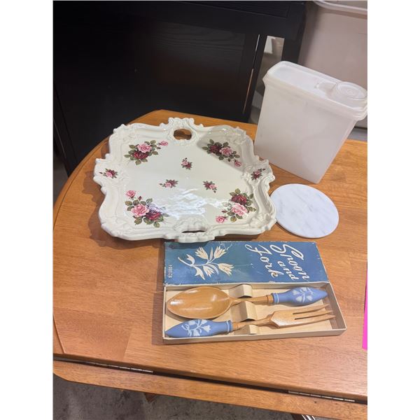 Tupperware container, tray, spoon, and fork, etc.