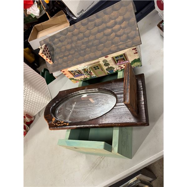 Decor, boxes, and mirror