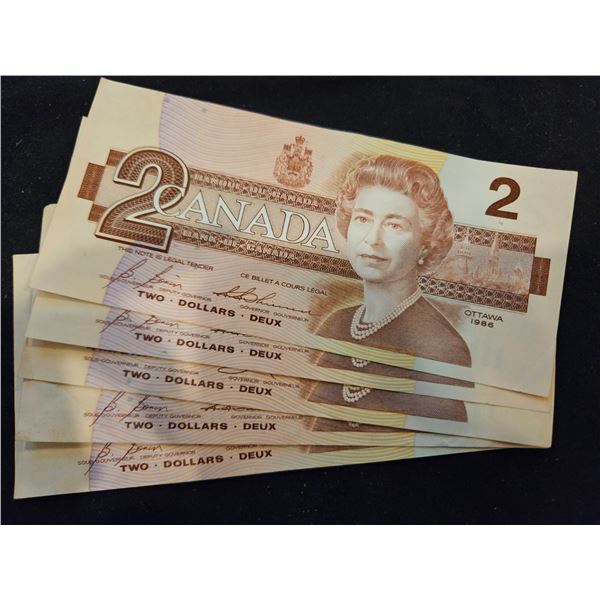 5x 1986- 2 Dollar bills