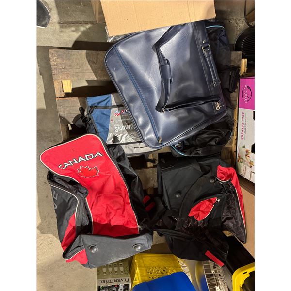 Hockey bags, suitcase, and other bags