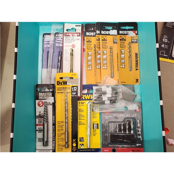 374 -- BOX OF DRILL BITS, TITANIUM, TUNGSTEN CARBIDE, CHISEL AND BIT SET, AND MORE