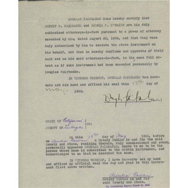 Douglas Fairbanks Jr. signed document. GFA Authenticated