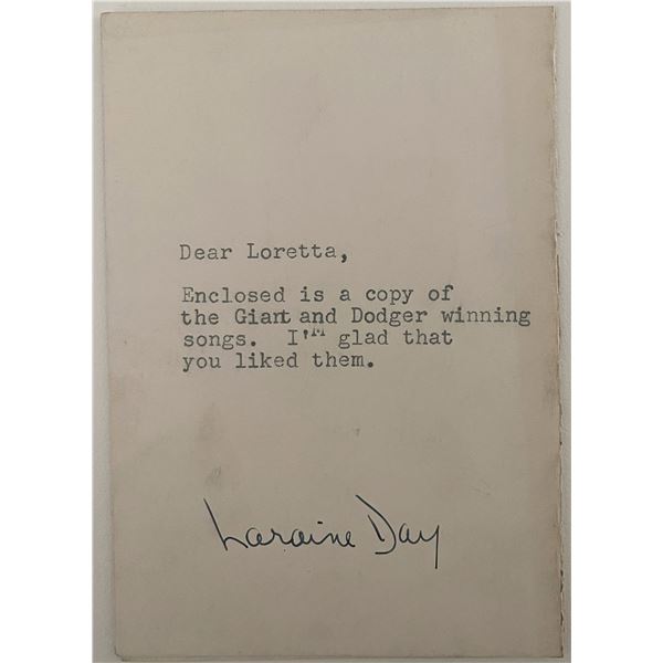 Laraine Day signed photo note