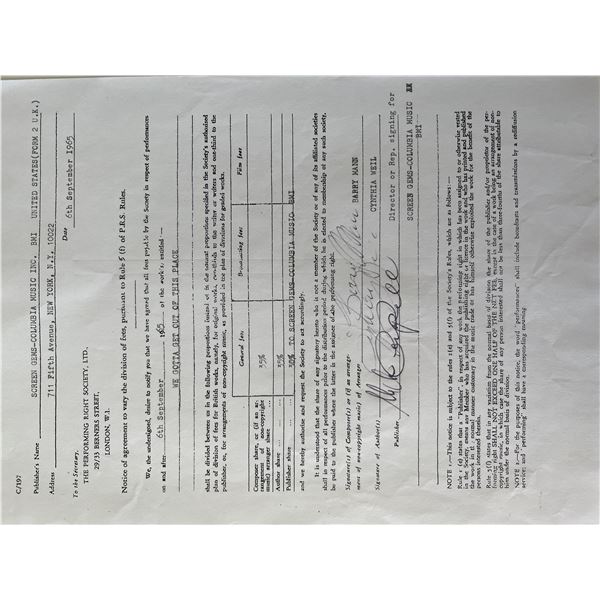 Barry Mann and Cynthia Weil signed contract