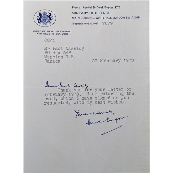 Leslie Derek Empson signed letter