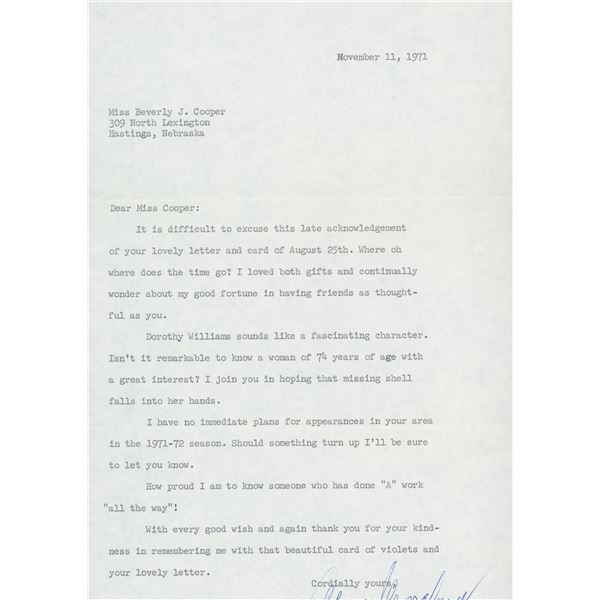 Agnes Moorehead BeWitched signed personal letter