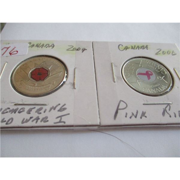 2004 REMEMBERING WORLD WAR I POPPY QUARTER & 2006 PINK RIBBON CANADA COIN SET