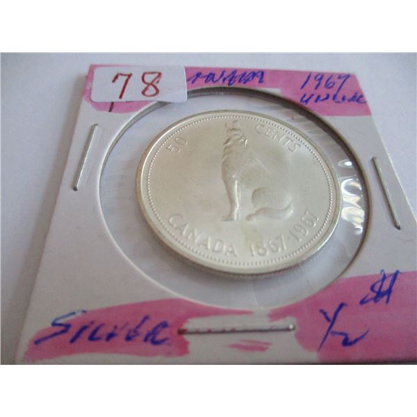 1967 UNCIRCULATED CANADA WOLF SILVER HALF DOLLAR