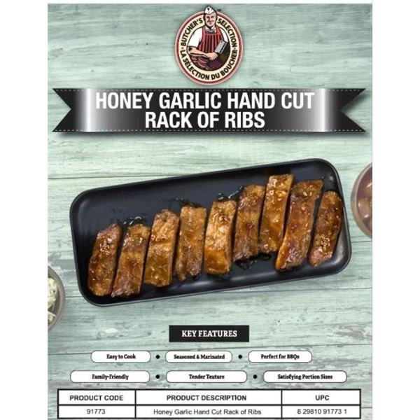 FROZEN:  BUTCHERS SELECTION HONEY GARLIC BBQ RIBS (10) - BOX