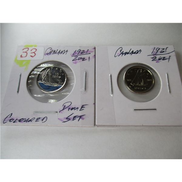 1921 - 2001 CANADA PROOF COLORED DIME SET