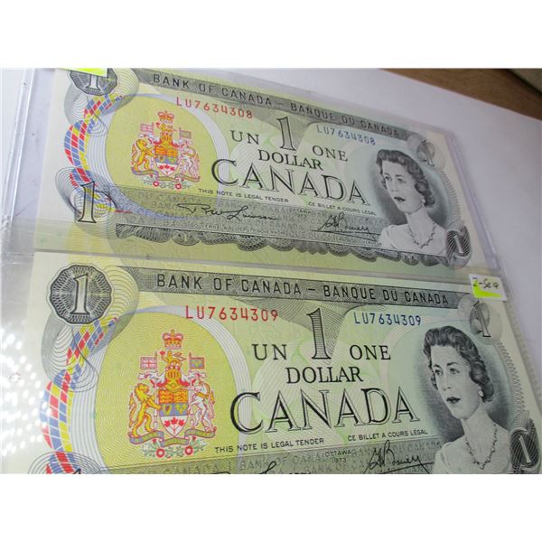 2 - 1973 SEQUENTIAL SERIAL NUMBER CANADA $1 BILLS