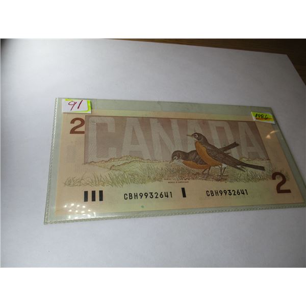 1986 BIRD SERIES LAST OF CANADA $2 BILL