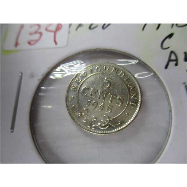 1945 "C" AU NEWFOUNDLAND SILVER FIVE CENT