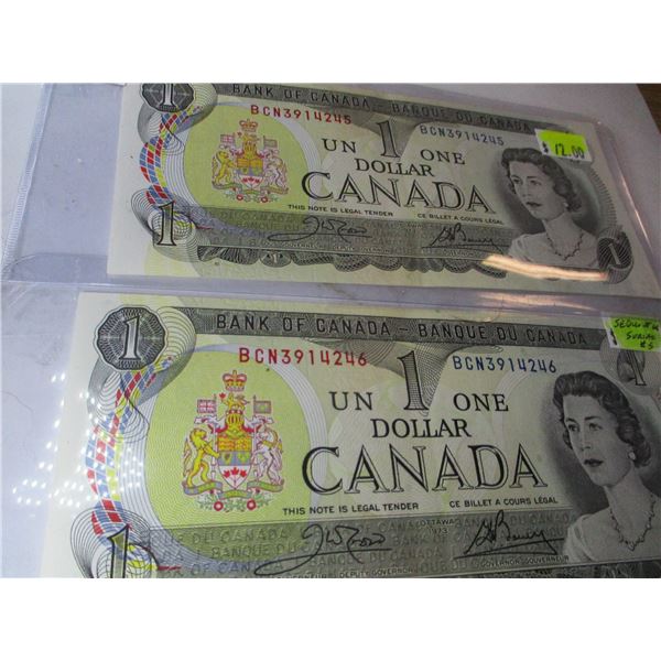 2 - 1973 SEQUENTIAL SERIAL NUMBER CANADA $1 BILLS