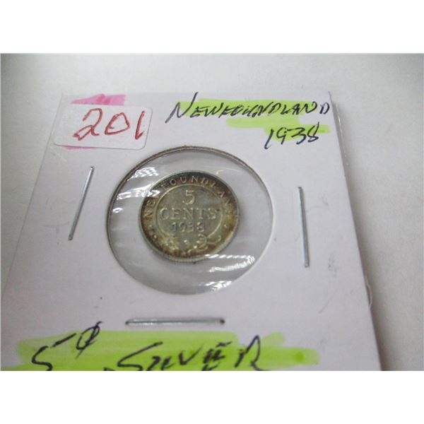 1938 AU NEWFOUNDLAND SILVER FIVE CENT COIN