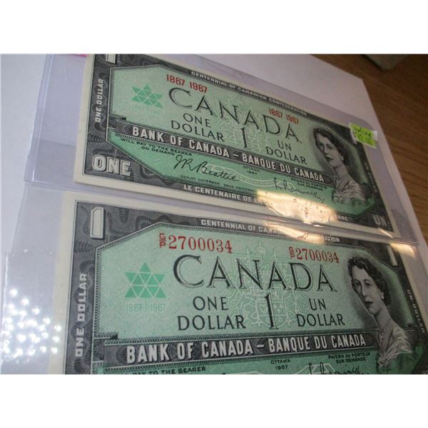 1967 CANADA SET CENTENNIAL (NO SERIAL NUMBER & SERIAL NUMBER) $1 BILLS