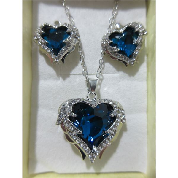 NEW:  925 STERLING SILVER ANGLE WINGS WITH BLUE GEMSTONE NECKLACE & EARRINGS
