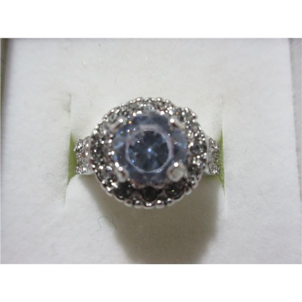 NEW:  STERLING SILVER HALO ROUND CUT GEMSTONE RING (SIZE 7)