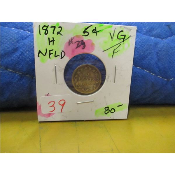1872H NEWFOUNDLAND VG/FINE VICTORIAN SILVER FIVE CENT